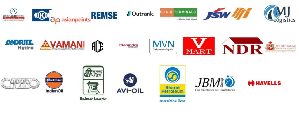 “Collection of logos from leading companies and organizations such as IndianOil, Bharat Petroleum, JSW, Asian Paints, Mahindra Defence, Havells, and others, representing HFC India Pvt Ltd’s clients and partners.”