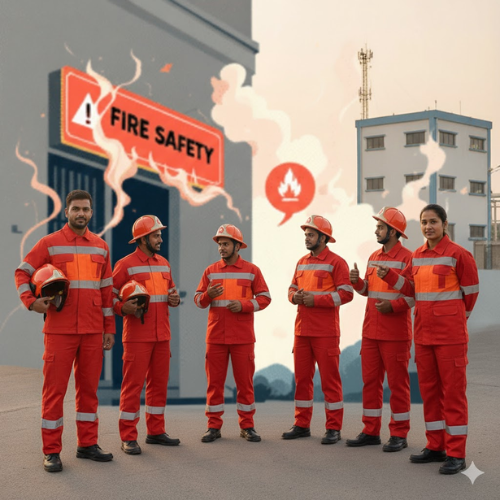 “A group of six fire‑safety professionals in red and orange protective uniforms and helmets standing outdoors near a building, with a sign that reads ‘FIRE SAFETY’ in the background.”