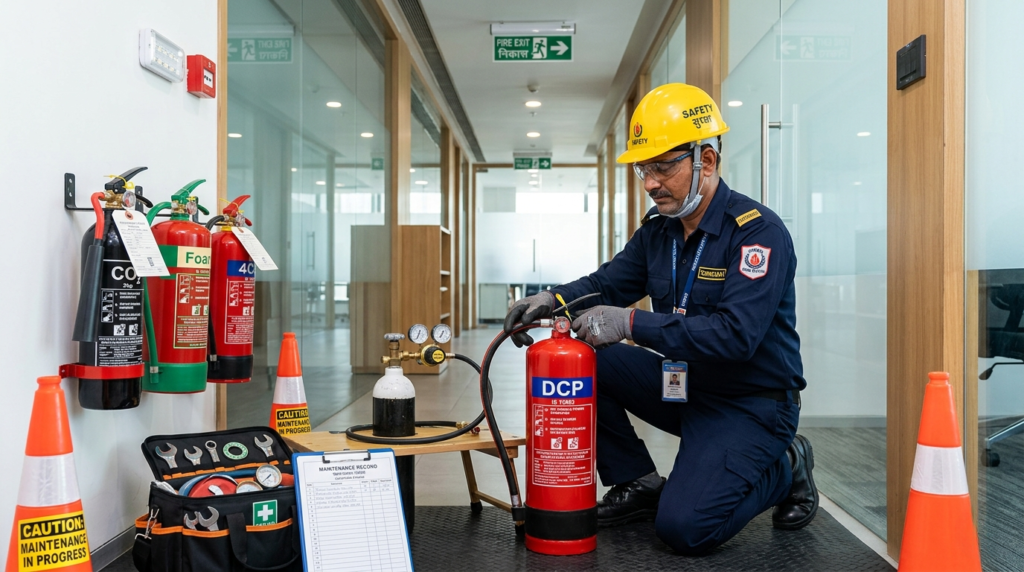 Technician refilling and inspecting a fire extinguisher in a workplace, showing fire safety maintenance and equipment readiness.