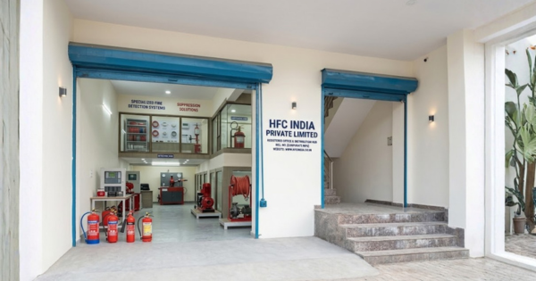 Fire safety equipment showroom of HFC India Private Limited in Palwal displaying fire extinguishers, fire suppression systems, and safety tools for installation and maintenance services