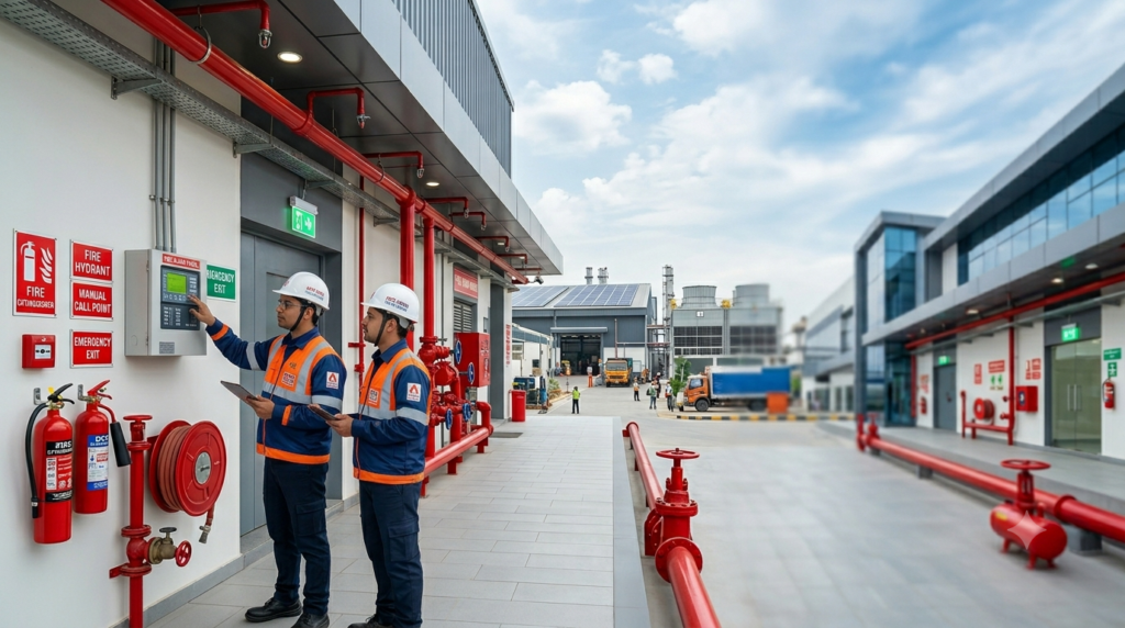 Fire safety engineers inspecting fire alarm and hydrant systems at an industrial facility in Haryana