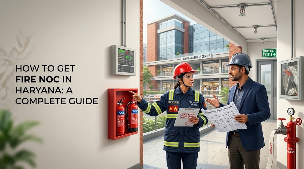 Fire safety officer inspecting fire protection systems with a business owner during the Fire NOC approval process in Haryana, India.