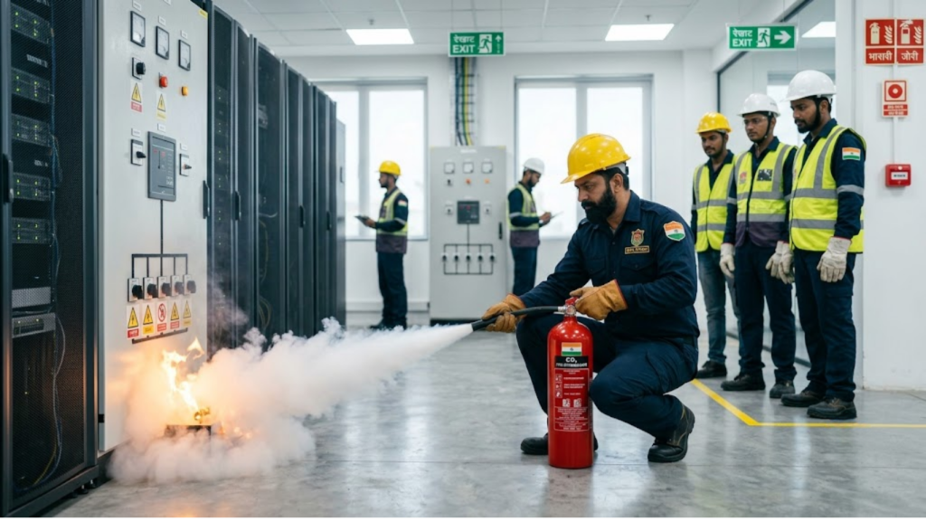 Gas fire extinguisher installed in a modern office for electrical fire protection in Palwal, Haryana.