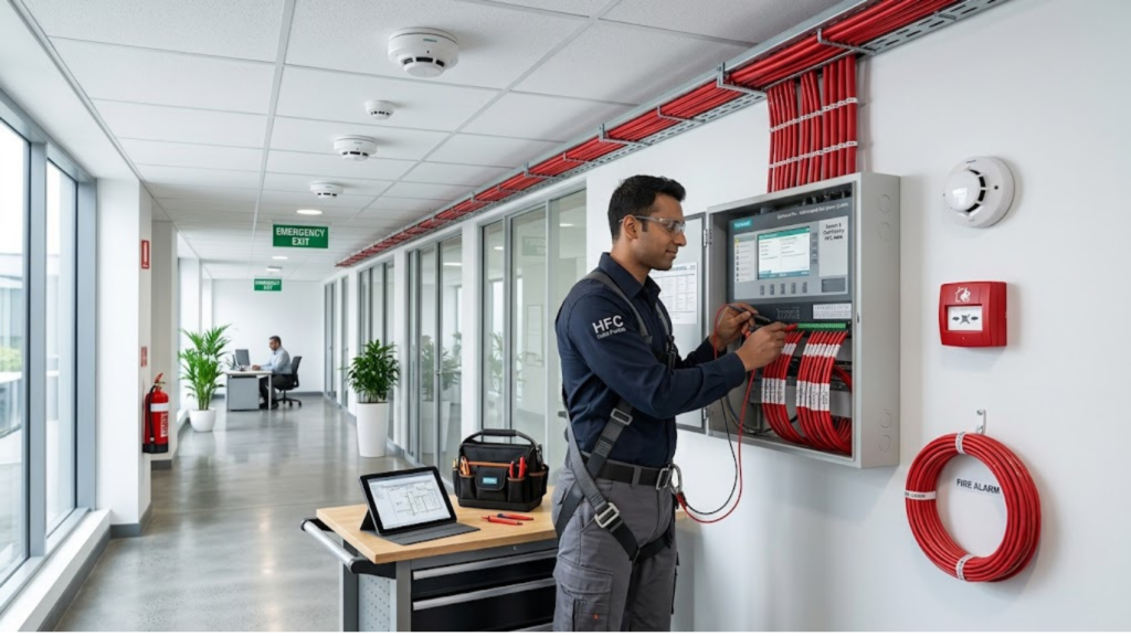 Fire Alarm Installation by a certified fire alarm installer showing fire alarm system installation, smoke detector installation, fire alarm panel installation, and fire alarm wiring in a commercial building