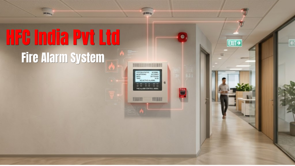 Modern fire alarm system panel installed in a commercial building, connected to smoke detectors, alarm sirens, and fire safety devices for early fire detection.