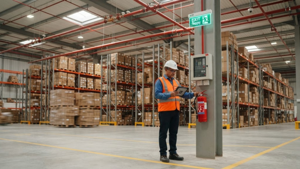A fire safety engineer in a white hard hat and high-vis orange vest inspecting a fire extinguisher and panel inside a modern warehouse with sprinkler pipes and tall pallet racking.