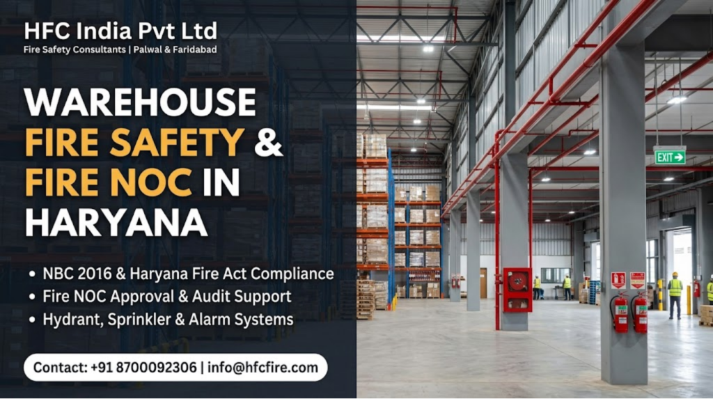 Fire safety rules for warehouses in Haryana: warehouse with fire extinguishers and sprinkler system